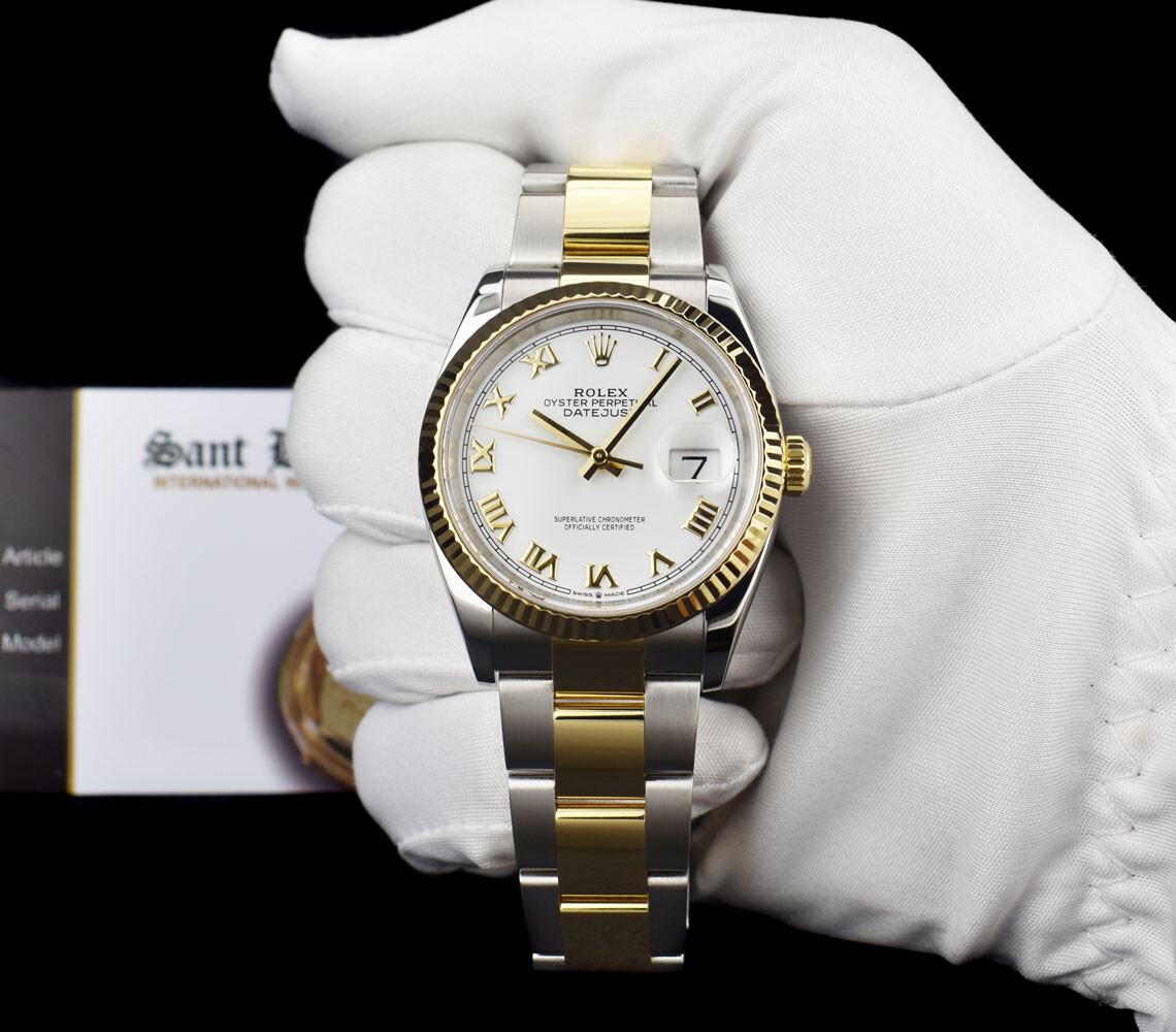 ROLEX – 18kt Gold & SS Datejust 36 White Roman BOX & CARD 126233 SANT BLANC