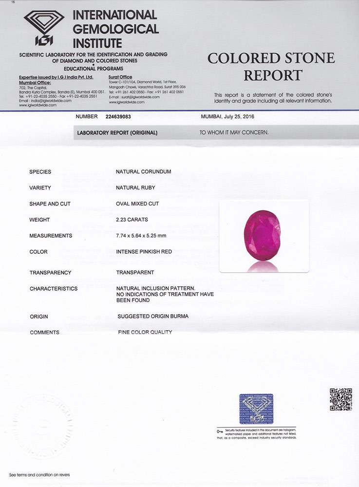 IGI Certified BURMA Ruby 2.23 Cts Natural Untreated Velvety Pinkish Red Oval