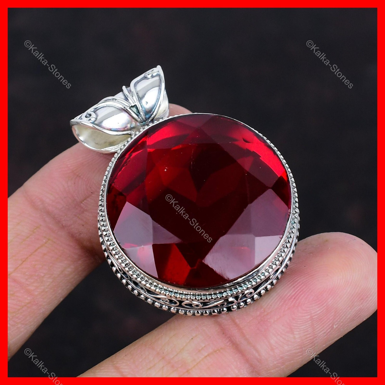 Valentines Deal Natural Mozambique Garnet Sterling Silver Vintage Bezel Pendant