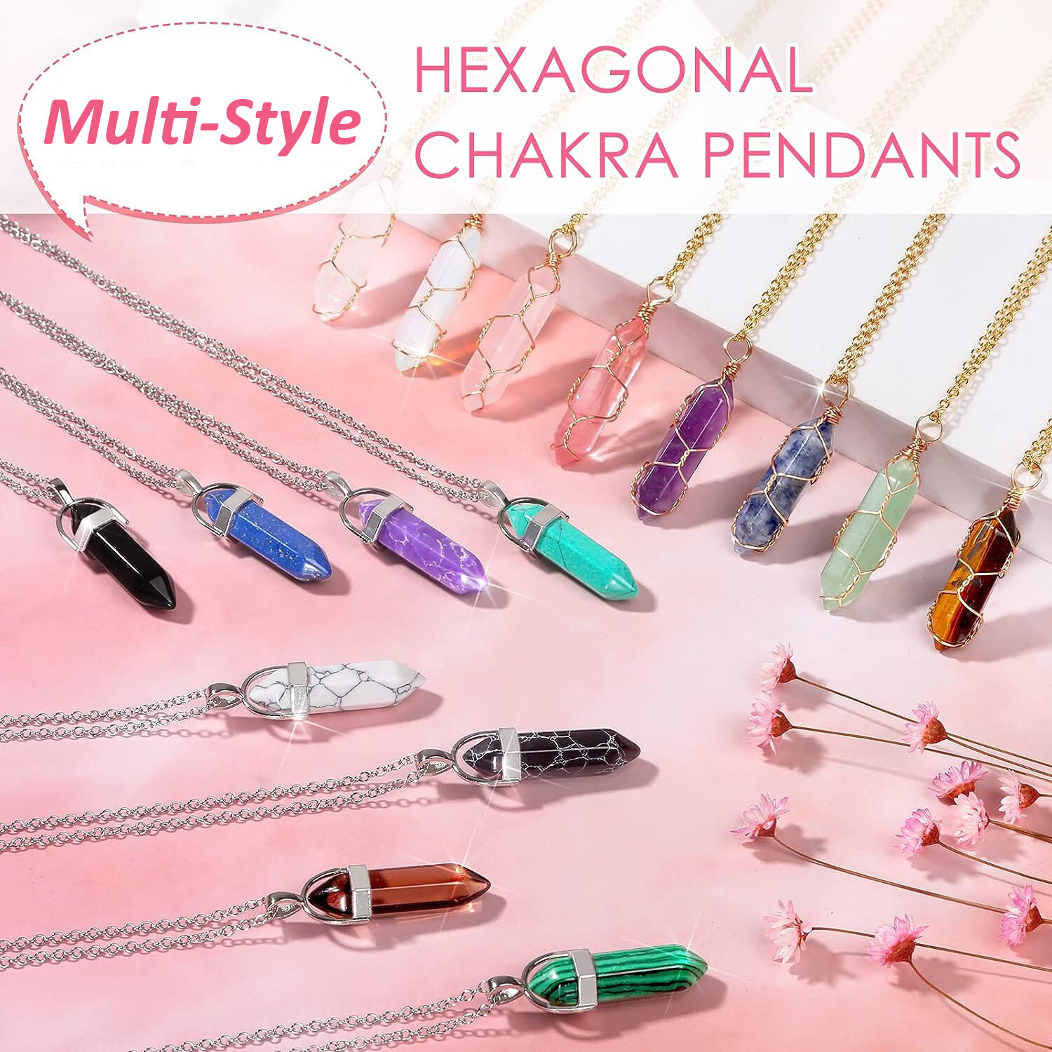 1Pc Healing Crystal Pendant Natural Chakra Quartz Stone Charm Hexagonal Necklace