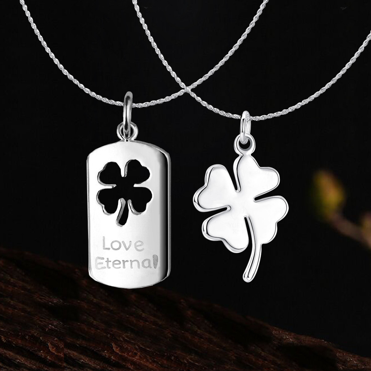 REAL 925 Sterling Silver Hypo-allergenic 4 Leaves Clover Couple Pendant+Necklace