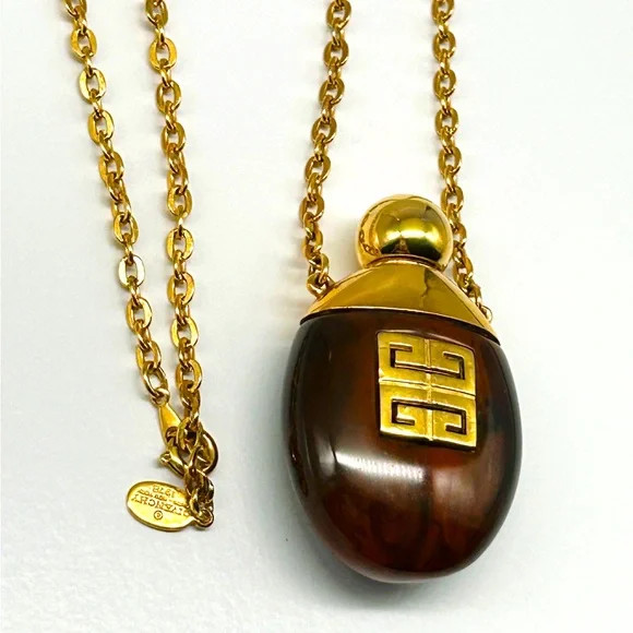 Vintage Givenchy 1977 Perfume Pendant Monogram Logo Tortoise Shell Stone 28″