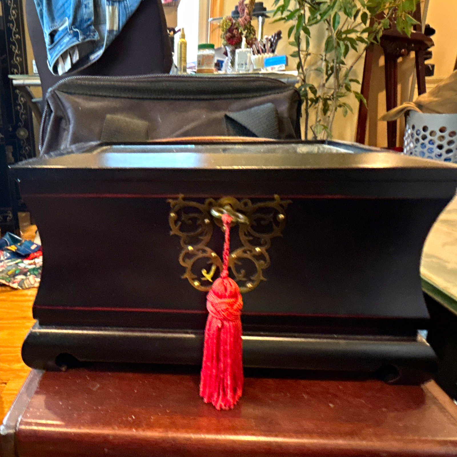 Black Wood Jewelry Box w/ Glass Lid, Lockable Key, Drawer, Velvet Lined