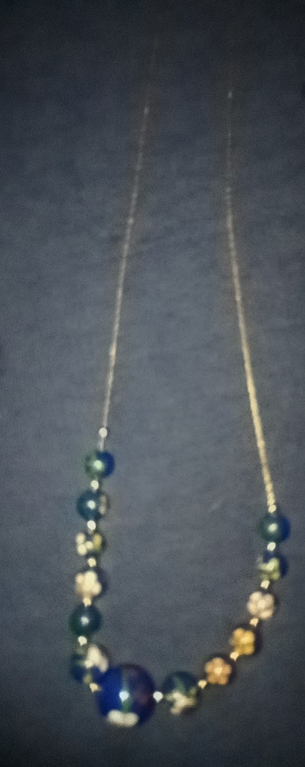 Beaded Glass Necklace, Blue Green Gold Round Beads, Multicolor Style