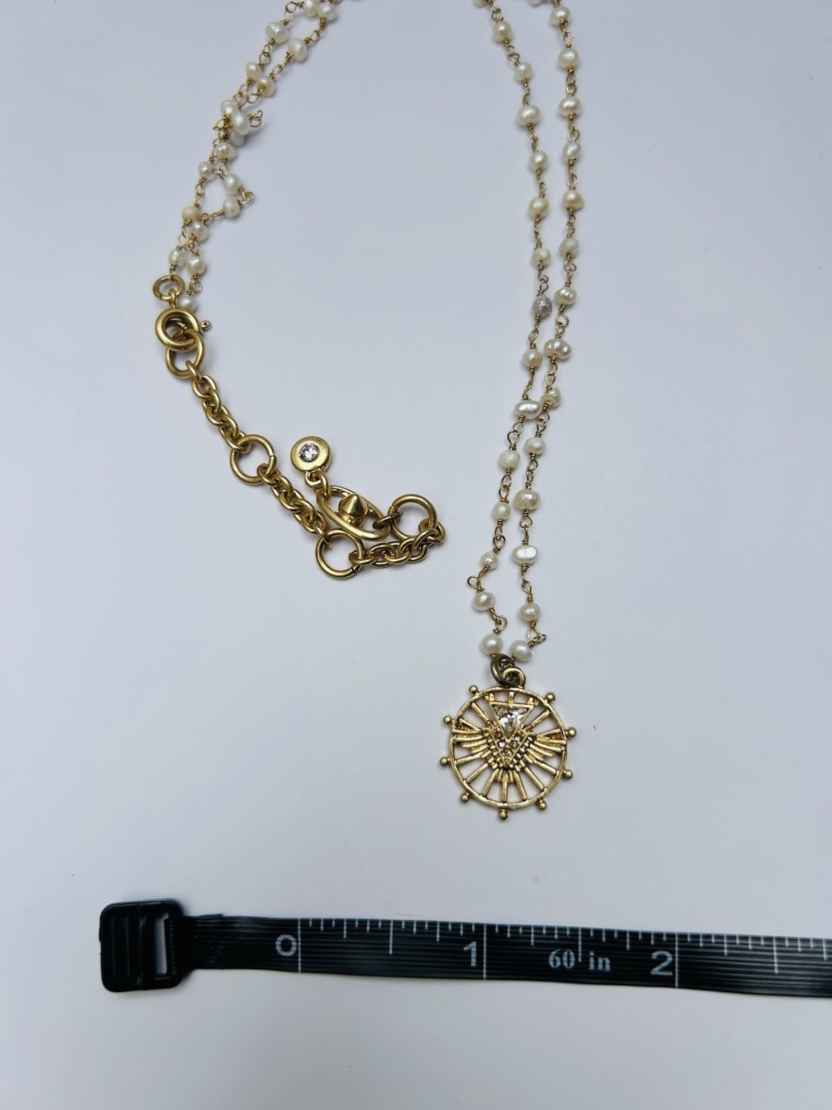 CAbi Gold Tone Pearl Necklace Medallion Pendant Adjustable Statement