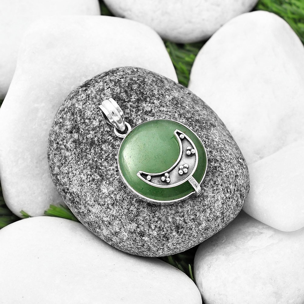 Crescent Moon – Green Aventurine 925 Sterling Silver Pendant Jewelry P-1719