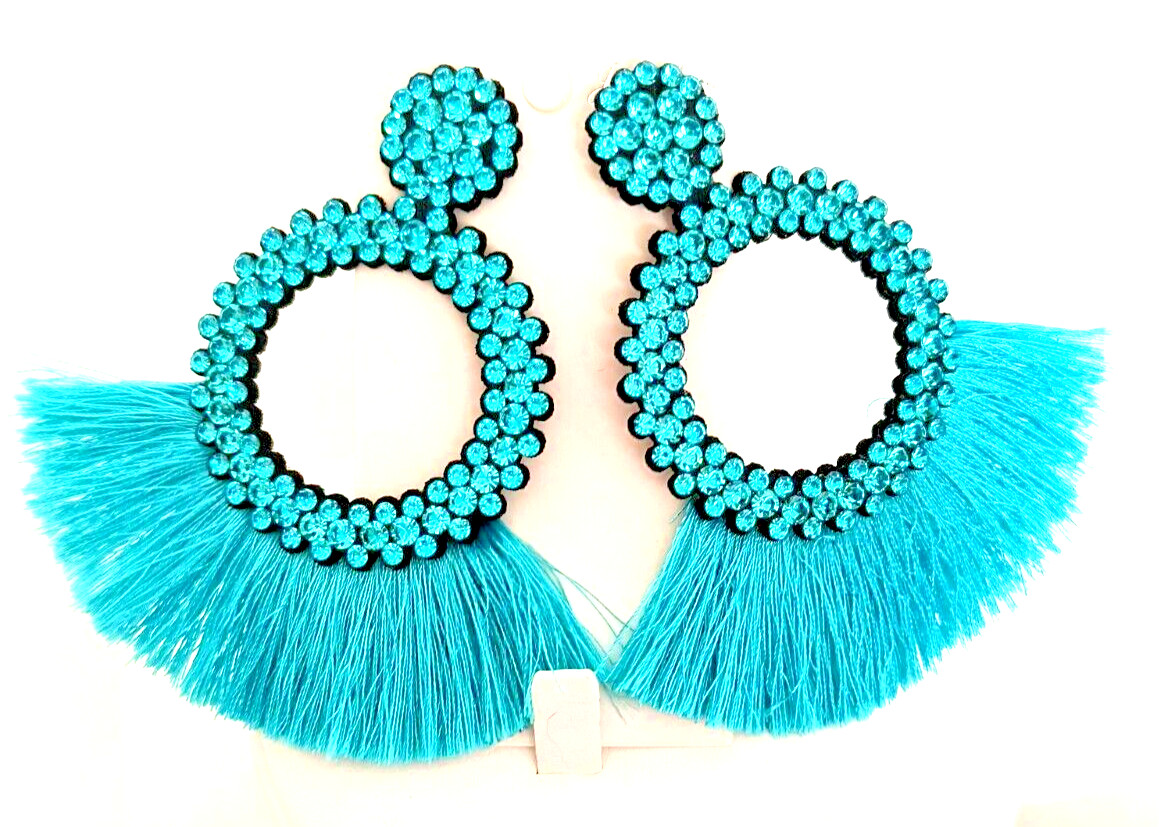 New Fashion Jewelry Dangle/ Drop Earrings Aqua Fringe Crystals Appx 3.5 inx3 in