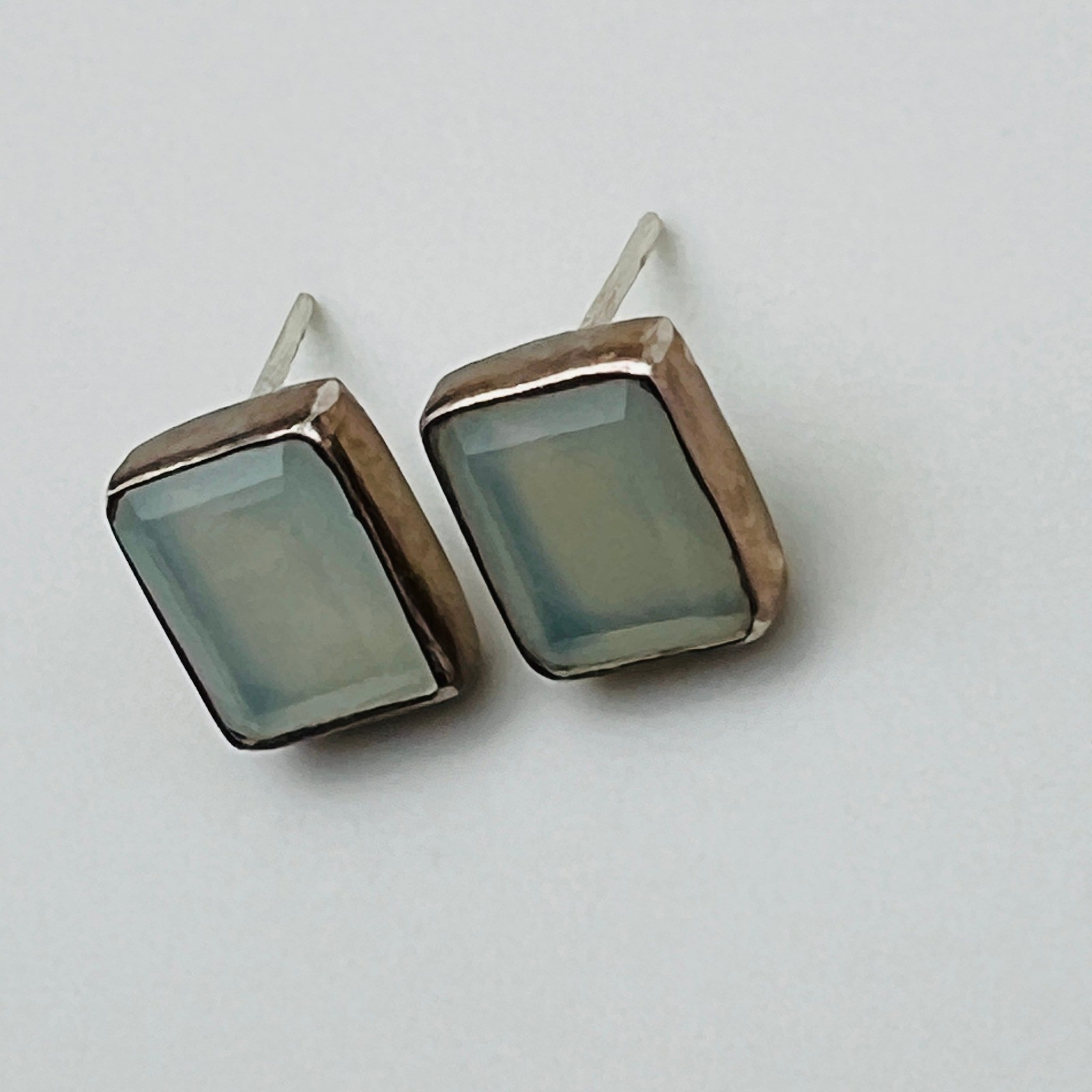 Silver Tone Stud Earrings Rectangle Blue Glass Modern Minimal Jewelry