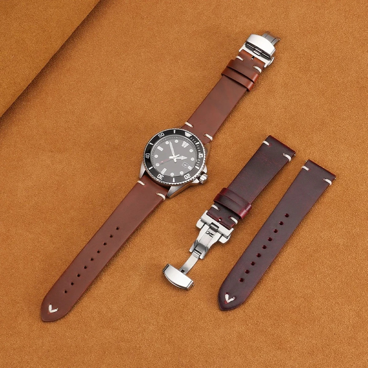 Genuine Leather Butterfly Buckle Watch Bands 18/20/22mm Waterproof Retro Oil Wax