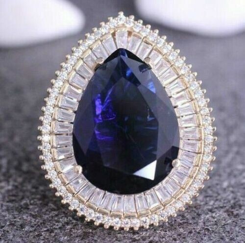 4.50 CT Pear cut Blue Sapphire & CZ Double Halo Wedding & Engagement Silver Ring