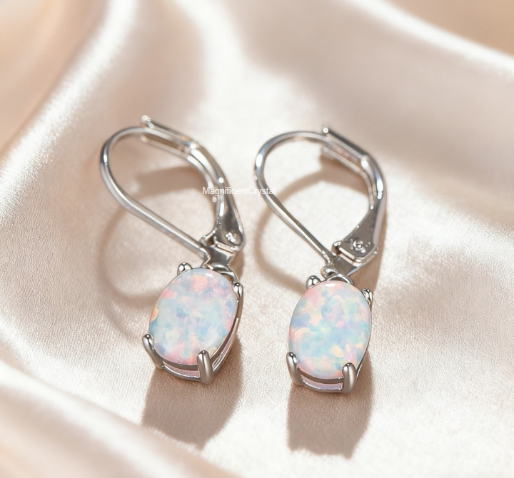 White Fire Opal Drop Earrings Sterling Silver Dainty Minimalist Women Jewelry