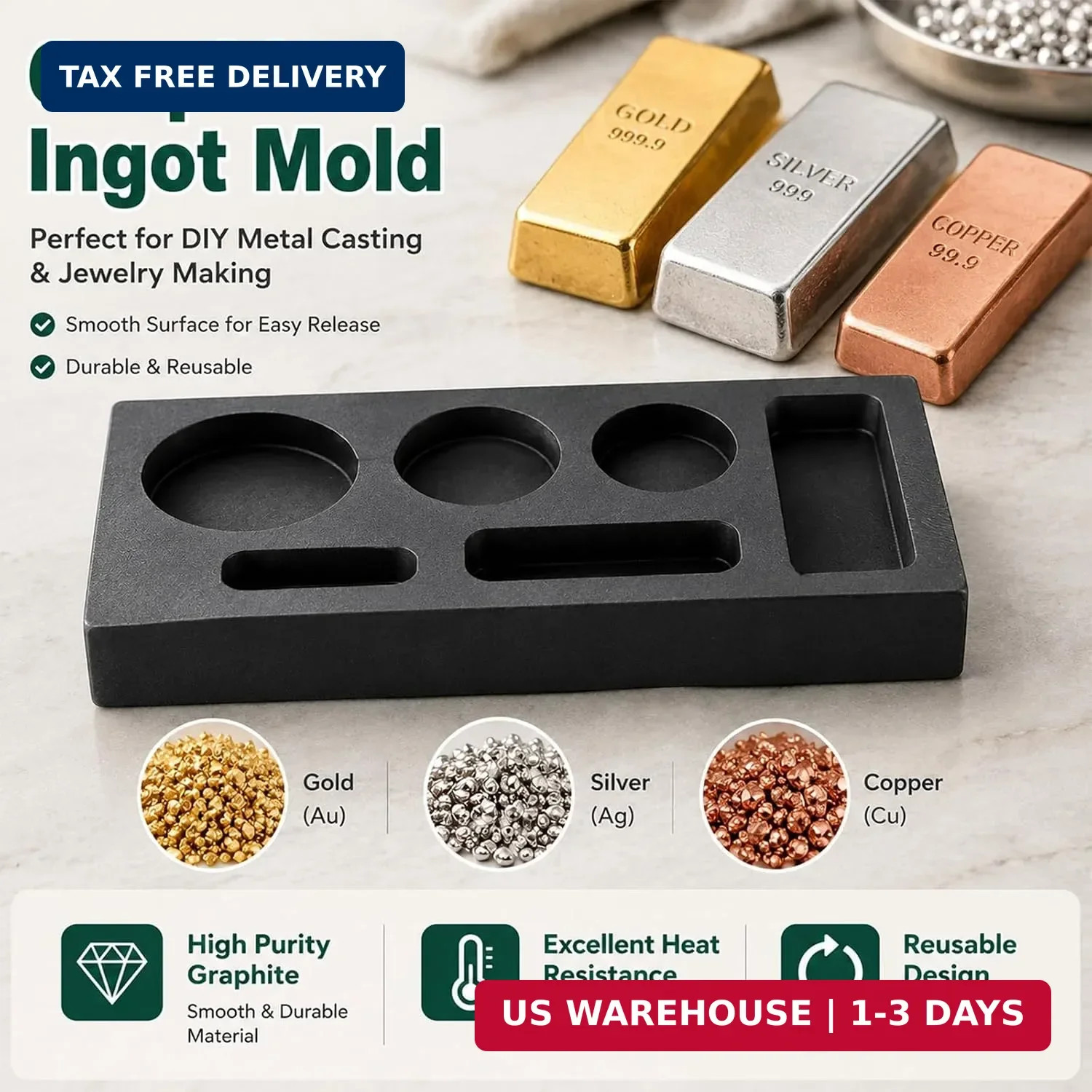 3 Sizes Graphite Casting Mold Set for Gold Silver Copper, High Purity Ingot Mold