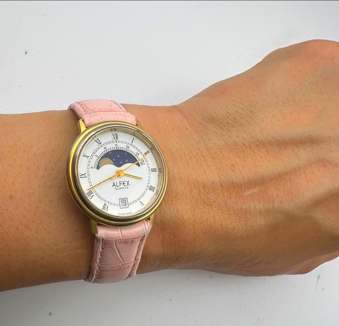 Vintage Alfex Swiss Moonphase Quartz Date Watch Roman Dial Pink Summer Strap