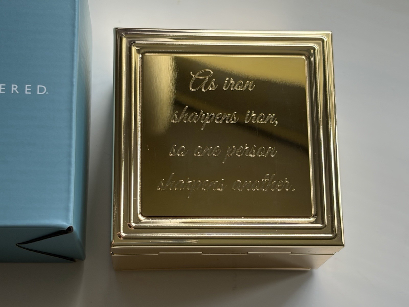Proverbs 27:17 Engraved Gold Square Jewelry Box Hinged Lid Things Remembered