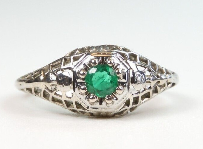 Antique 1920’s Colombian Emerald Engagement Filigree Ring 18KW Size 4.5 UK-I