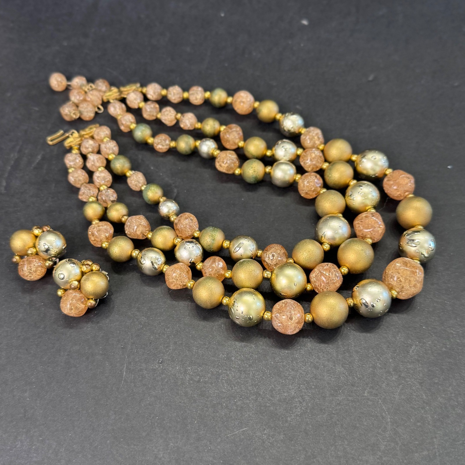 Vintage 3 Strand Danville Gold Peach Necklace & Clip On Earrings