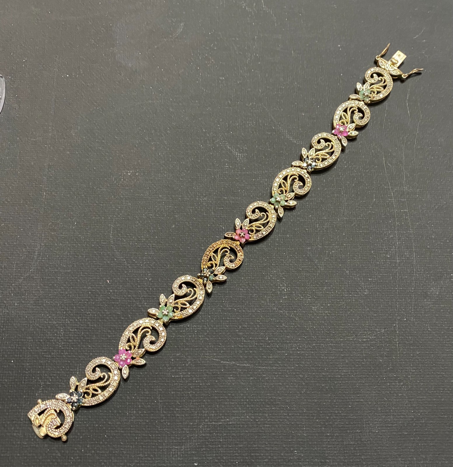 Vintage 925 Sterling Silver Gold Plated Filigree Gemstone Bracelet 7.5″ TDL