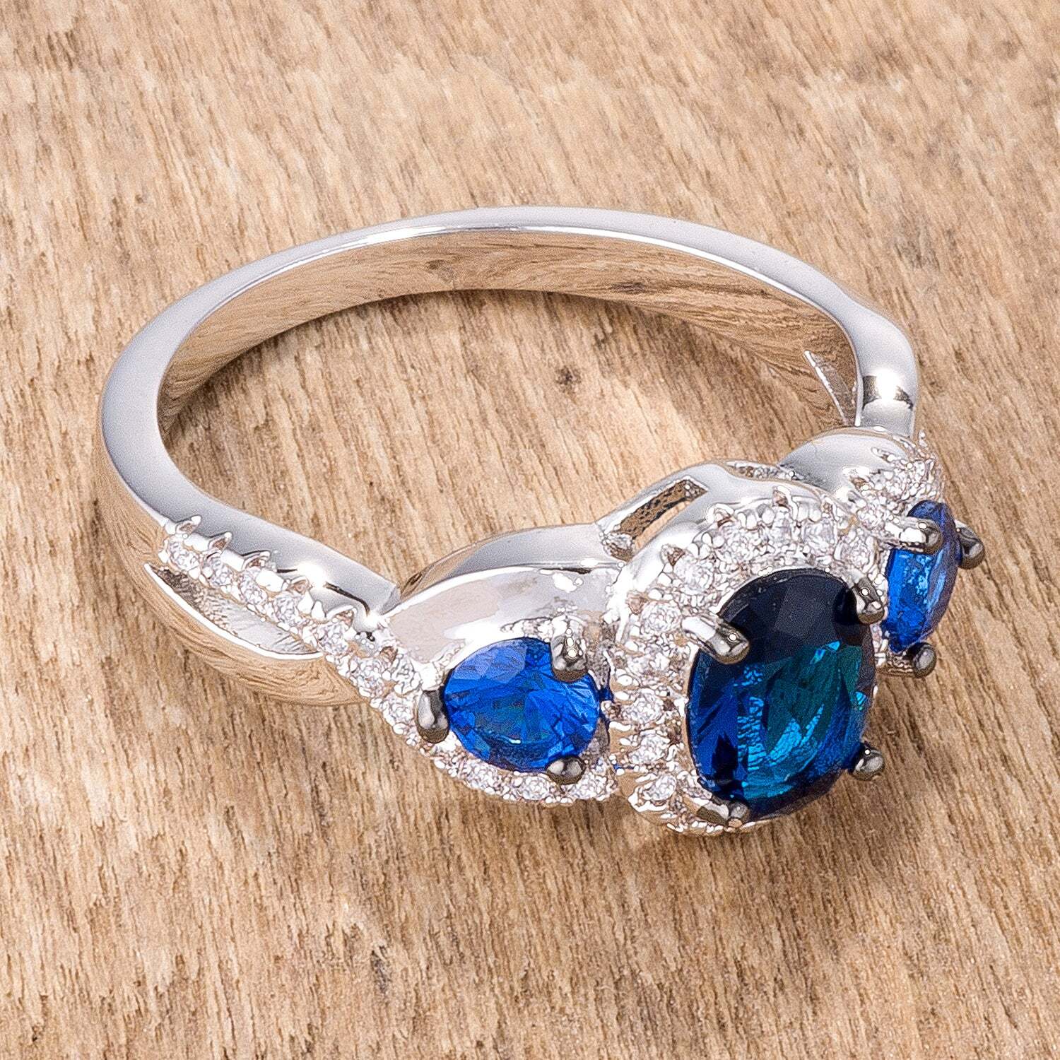 1.43ct Hematite Black Sapphire Blue & Clear Cubic Zirconia 3-Stone Twisted Ring