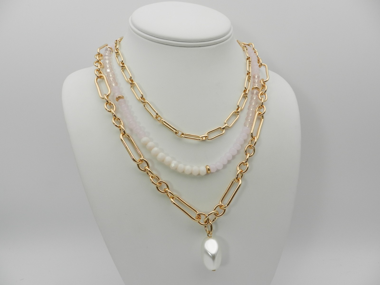 On 34th Gold-Tone Stone Beaded Three-Row Necklace, 20″ + 3″ extender