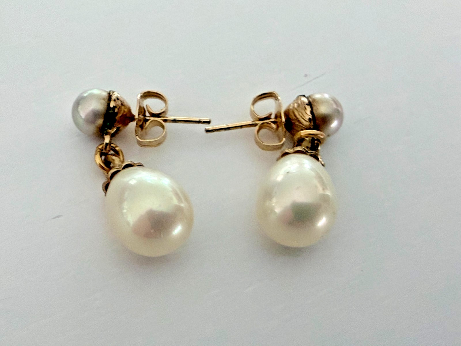 Vintage Cultured Pearl Double Drop Dangle Earrings Gold Filled Post 1940s Pair