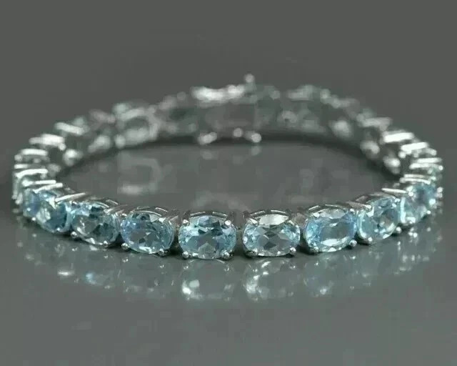 9.00 Ct Oval Cut Natural Aquamarine Tennis Bracelet 14K Solid White Gold