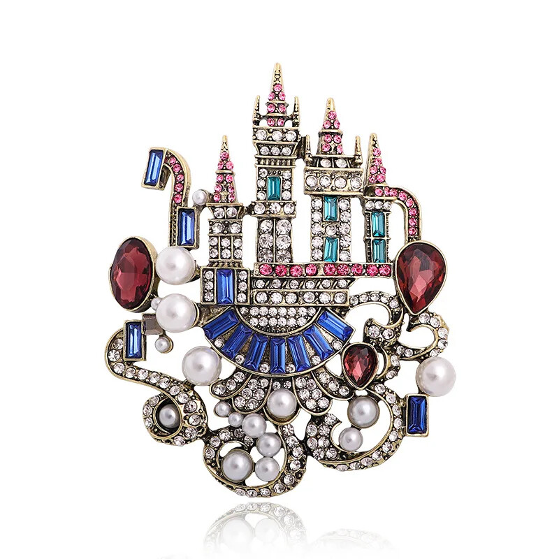Vintage castle alloy rhinestone brooch colorful diamond crystal pearl Badge