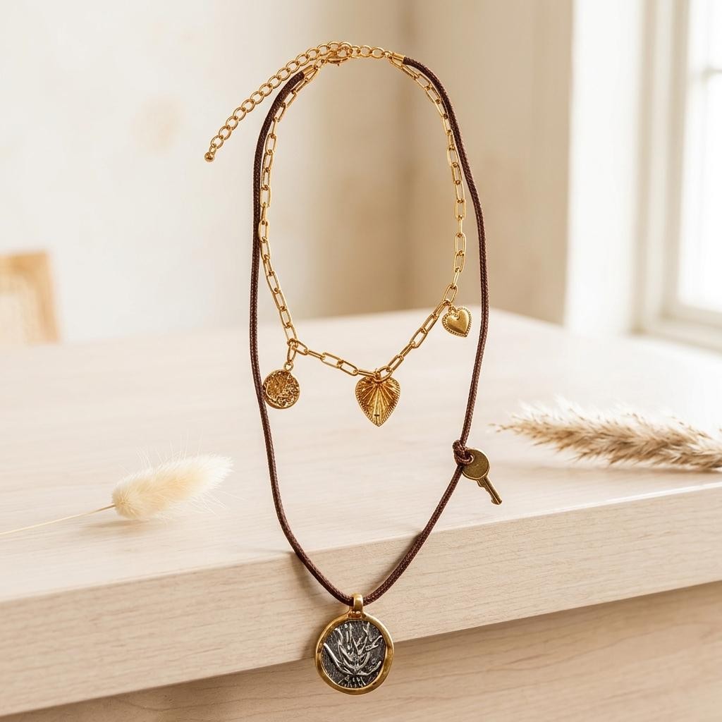 Layered Charm Necklace, Brown Cord, Tree Medallion, Key, Heart, Shell, Coin