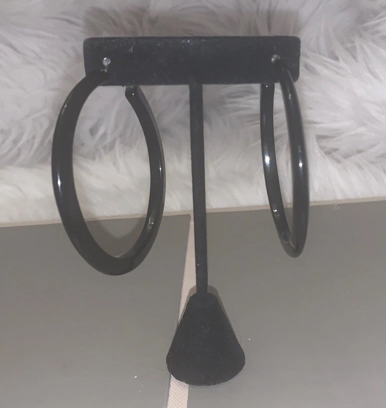 Black Hoop Earrings 2.5″ Large Statement Latch Back Hinged Minimalist Chic