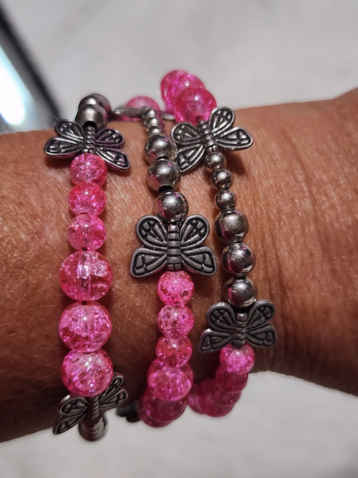Hot Pink Crackle Glass Memory Wire Bracelet – Multi-Row Butterfly Stack