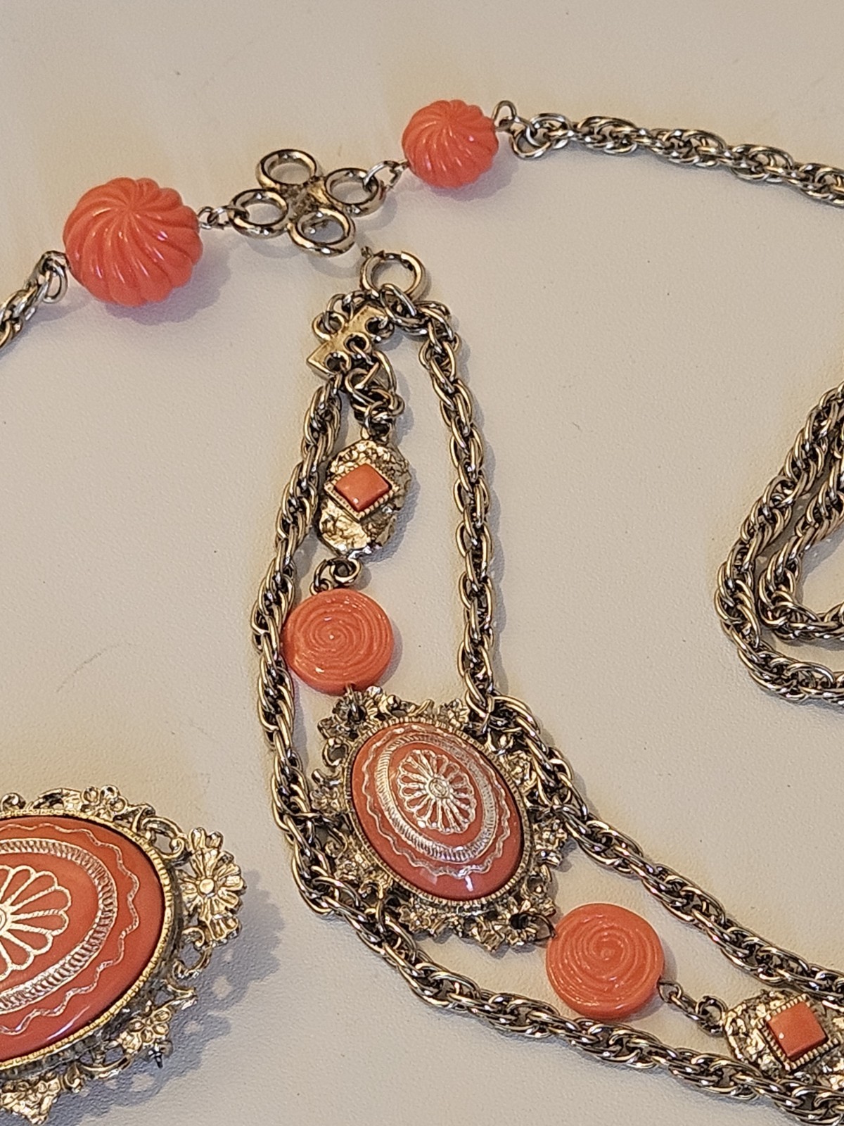 Mid-century celluloid/molded plastic “faux coral” VICTORIAN RIVIVAL PARURE set