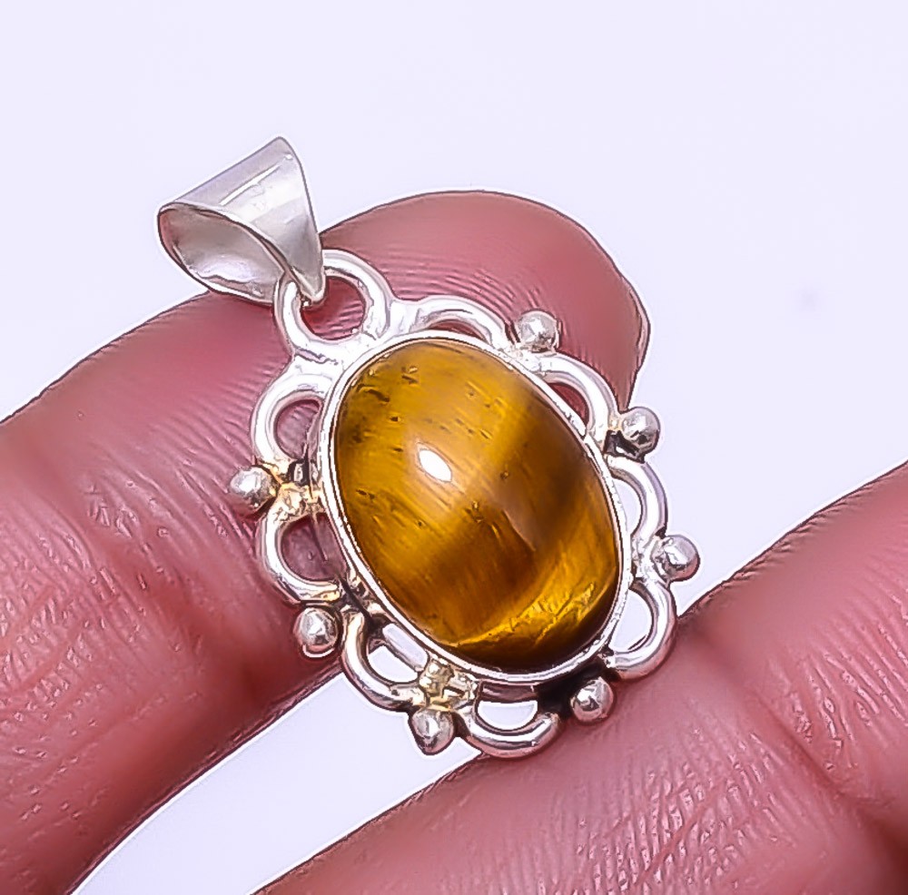 Natural Yellow Tiger Eye – South Africa 925 Silver Plated Pendant 1.17″ W2417