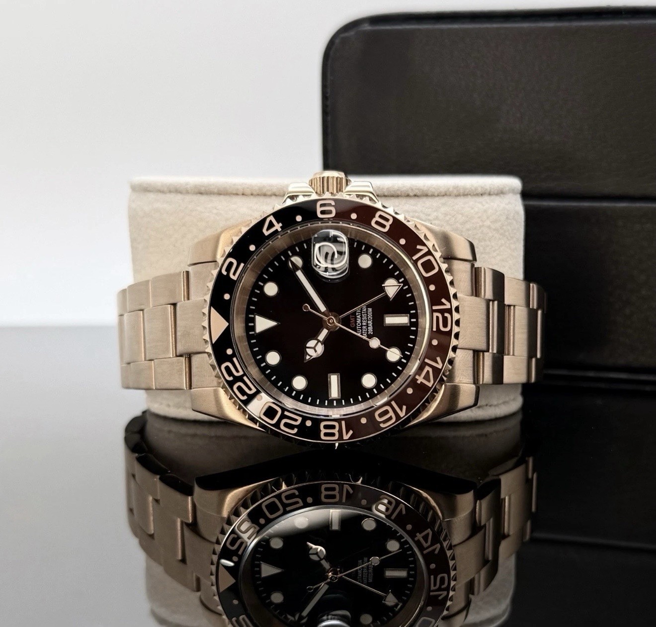 Custom 40mm “Root Beer” GMT Style Mod Watch Rose Gold Case & Band NH34 Automatic