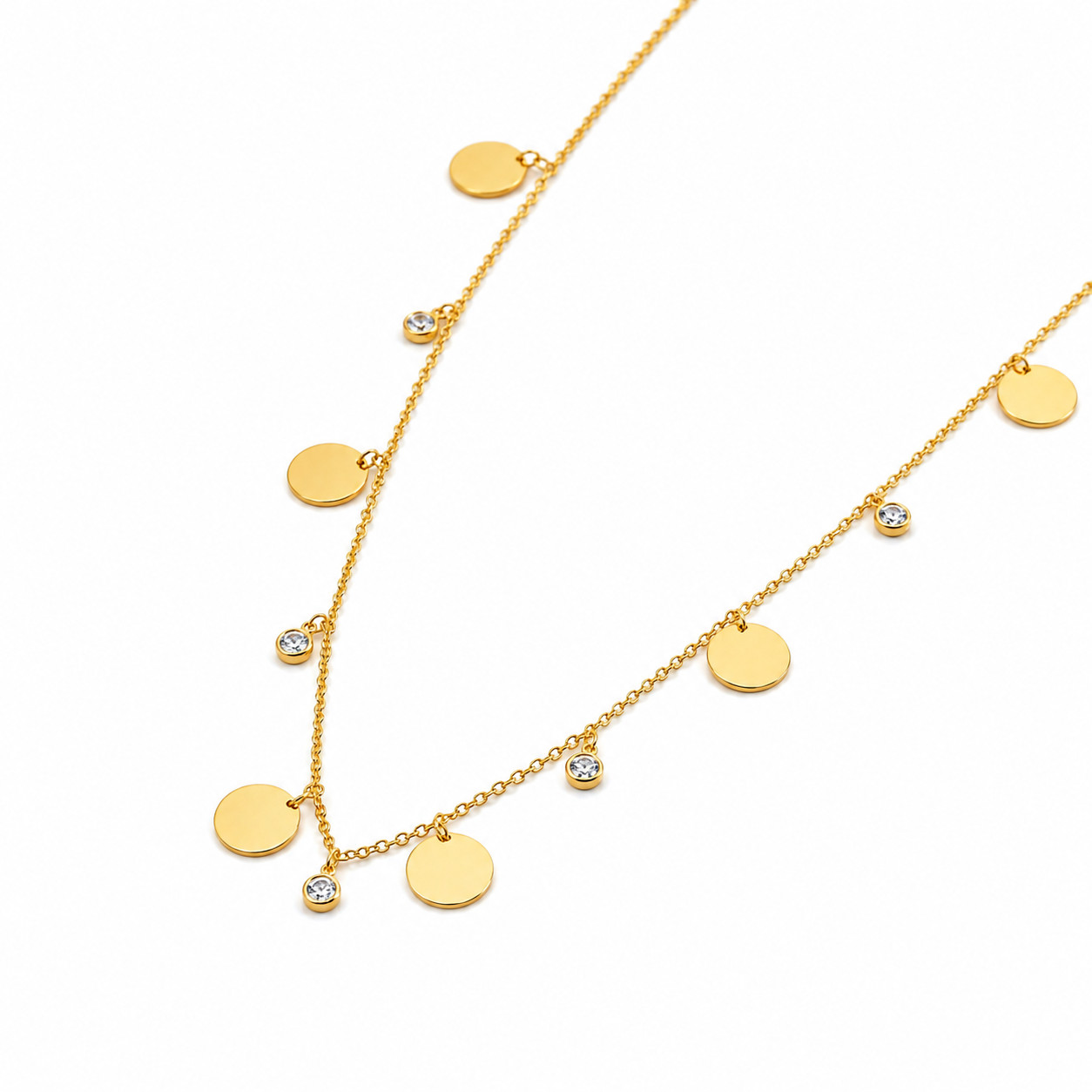 Elegant Gold Tone Disc Charm Necklace with Crystal Accents – Minimalist Fashion