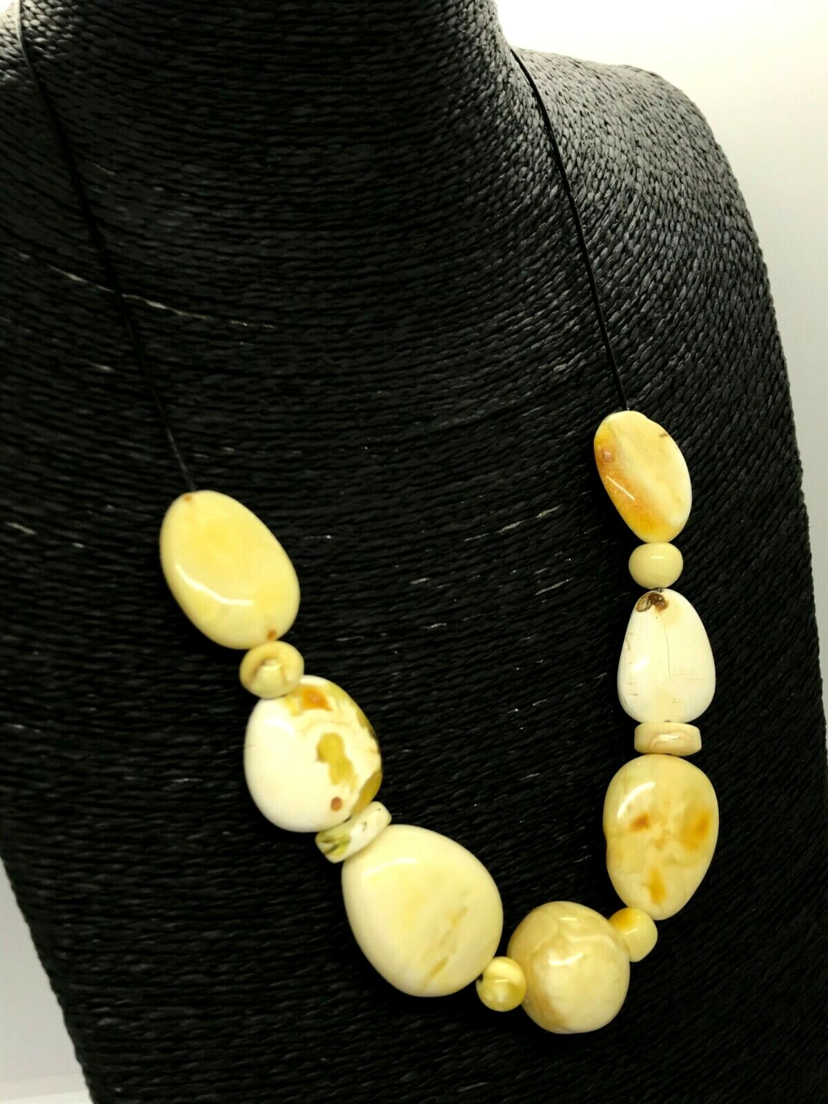 AMBER NECKLACE Gift Luxury Royal Yellow White BALTIC Beads Black Cord 30g 15365