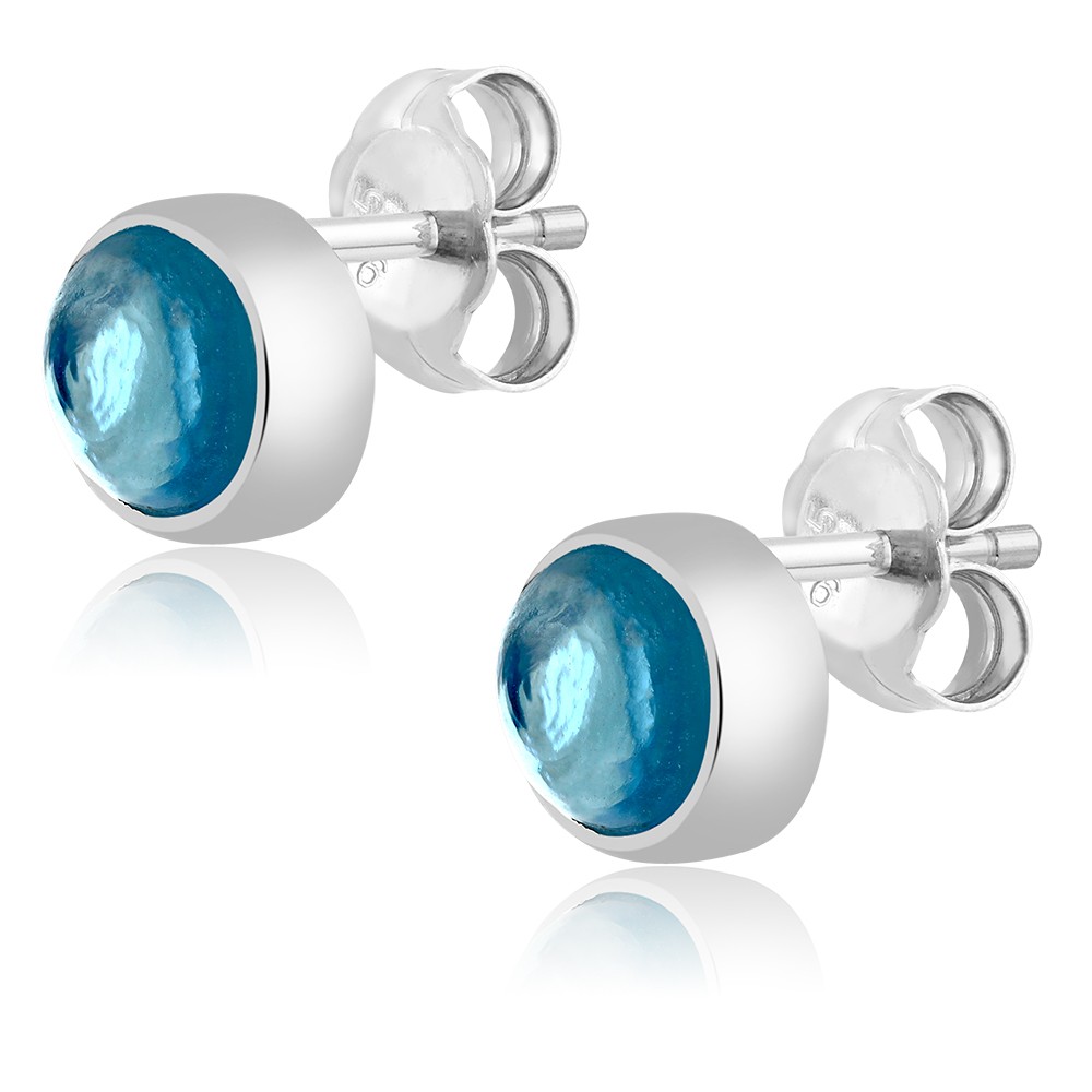 2.00 Ct Swiss Blue Topaz Gemstone Round Cabs 925 Sterling Silver Stud Earrings