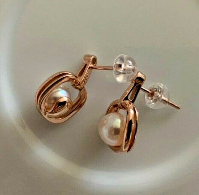 Superb luster fresh water akoya 6-7mm Pearl earrings Rose gold plated Silver 925