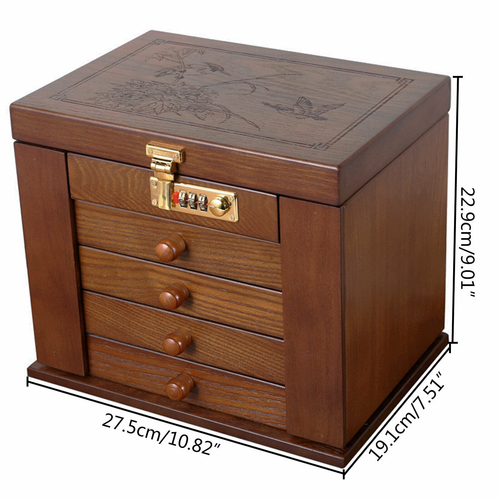 5 Layers Vintage Large Jewelry Organizer Wooden Storage Box Case with 4 Drawers