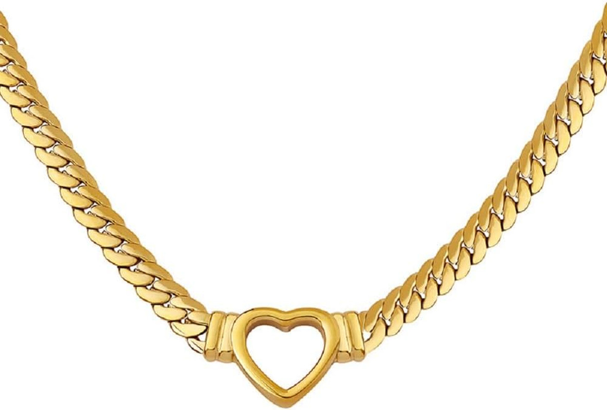 Flat Cuban Link Love Heart Chunky Chain Necklace Gold Stainless Steel Hollow Hea