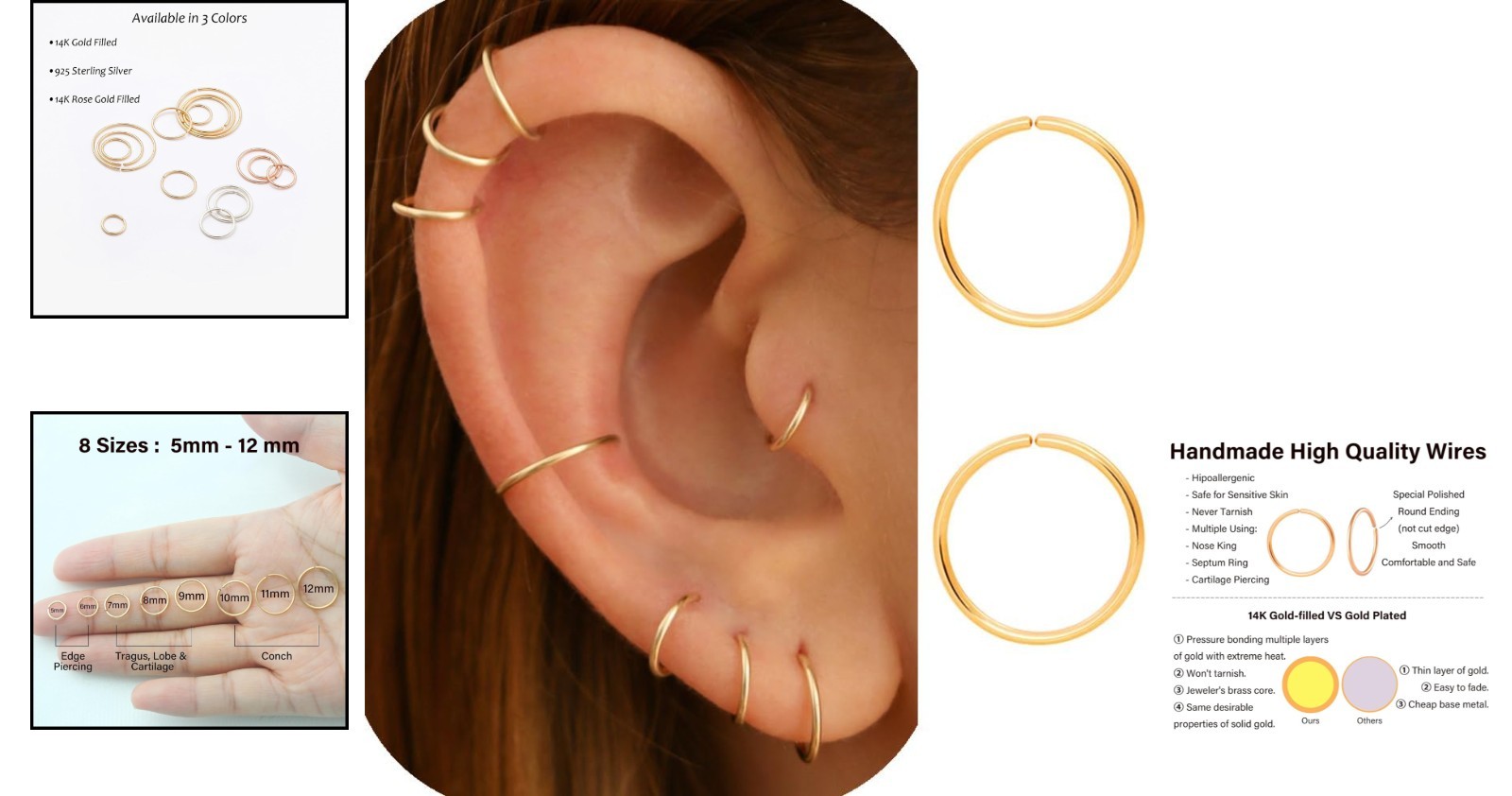 Small Handmade Huggie Hoop Earrings – 20g Gold & Silver for Multiple Piercings
