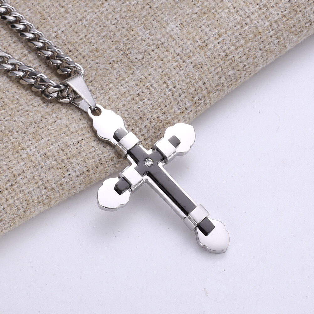 Men Women Stainless Steel Cross Pendant Necklace with CZ 18-34inch 5 Colors