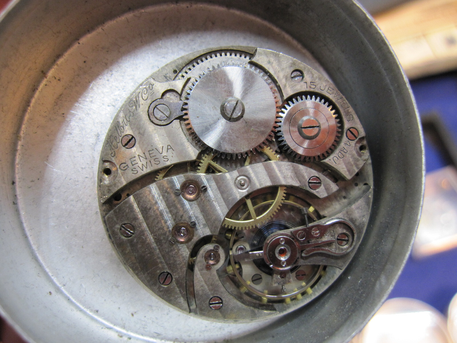 39.7mm Helbros Geneva OF pocket watch movement ticks