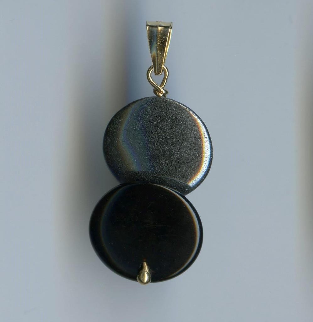 New 14K 1.71 Gram Solid Yellow Gold Round Black Onyx & Gray Hematite Pendant (HA