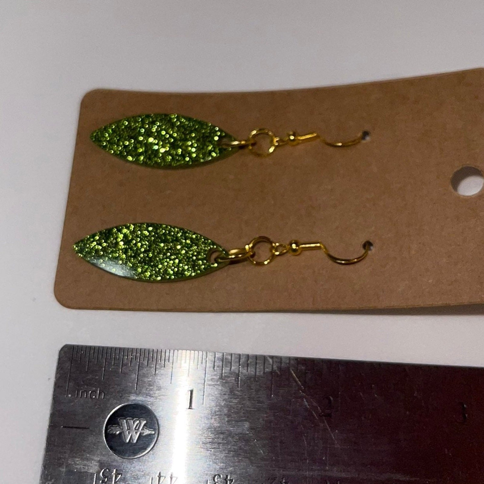 Handmade epoxy resin pointed oval shape earrings – lime green glitter