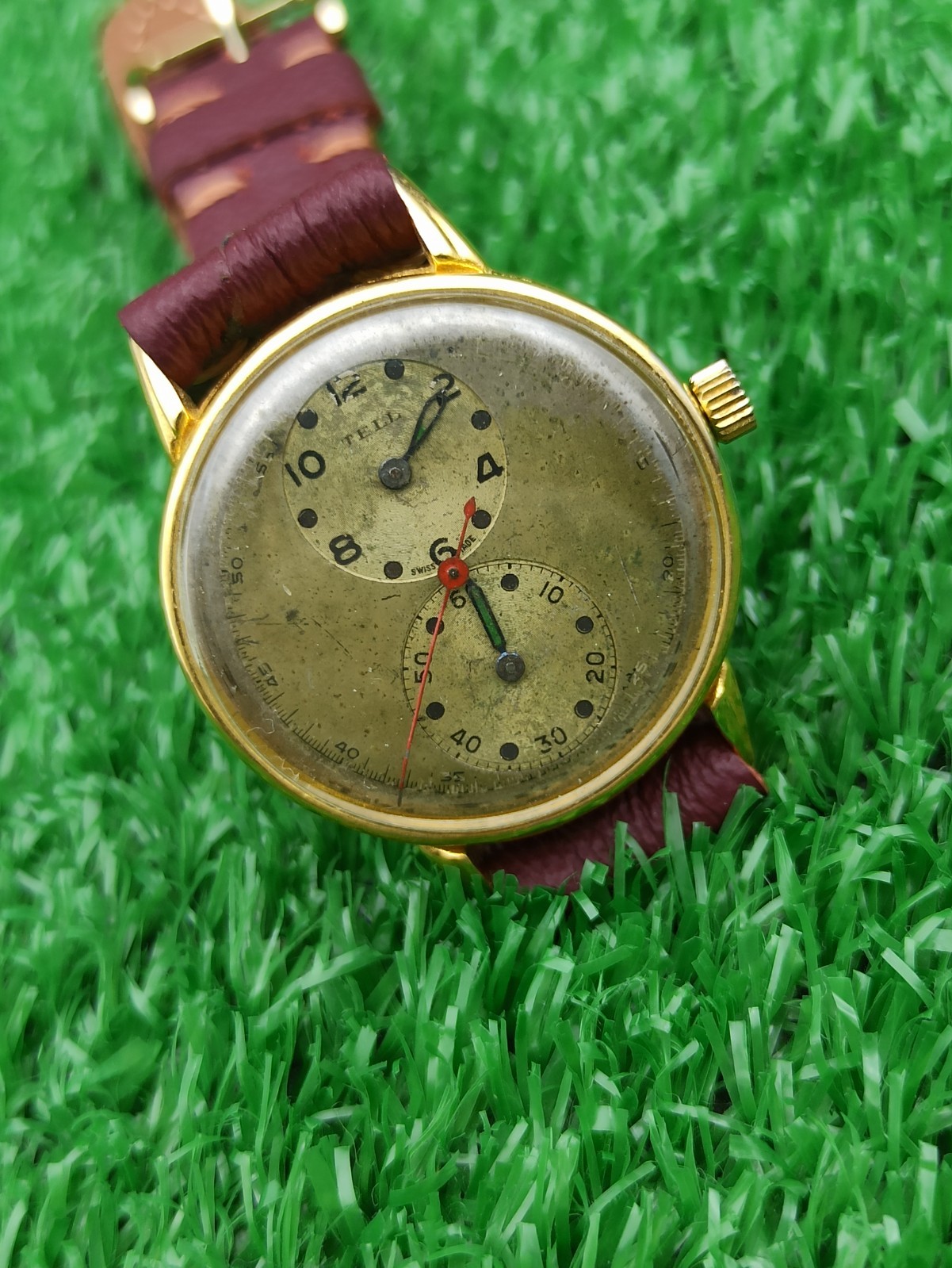 Vintage TELL Swiss Doctors Watch Duo Dial Manual Wind 1940s Gold Plated RUNNING