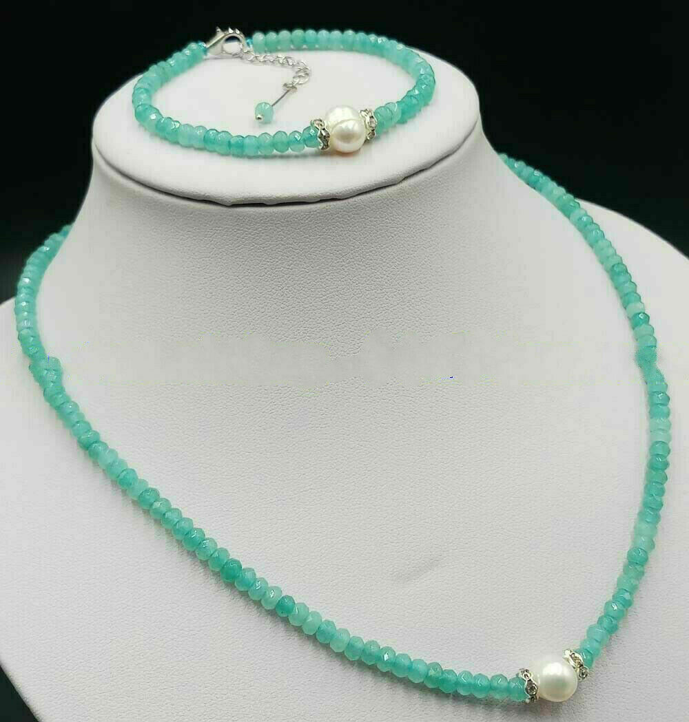 Natural 2x4mm Faceted Aquamarine & 9-10mm White Pearl Necklace Bracelet Set 18”