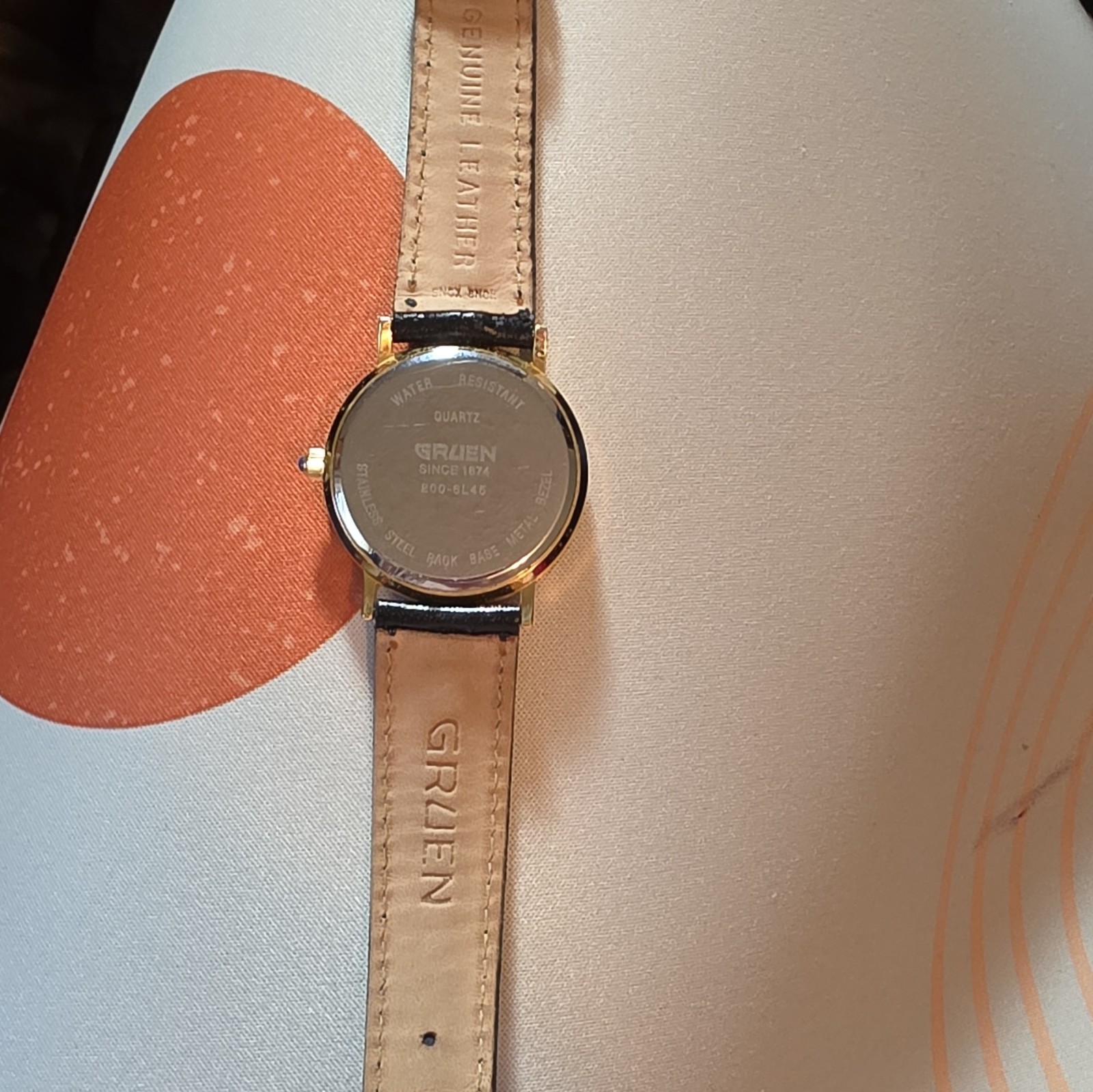 Gruen Classic Quartz Gold Tone Stainless Case White Roman Dial Black Leather