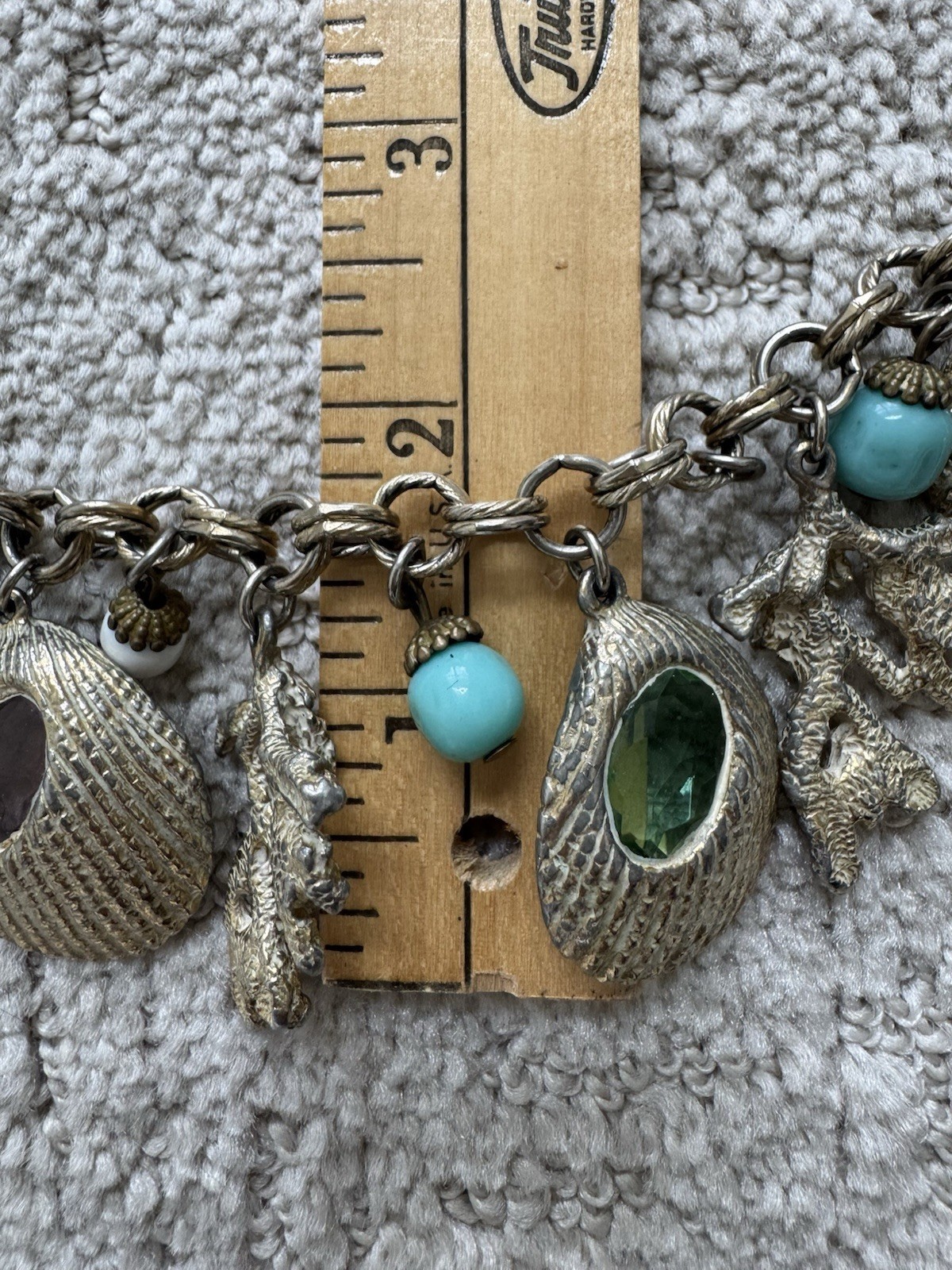 Vintage Chunky Sea Shell Charm Bracelet Coral Starfish Shell Nautical Crystal