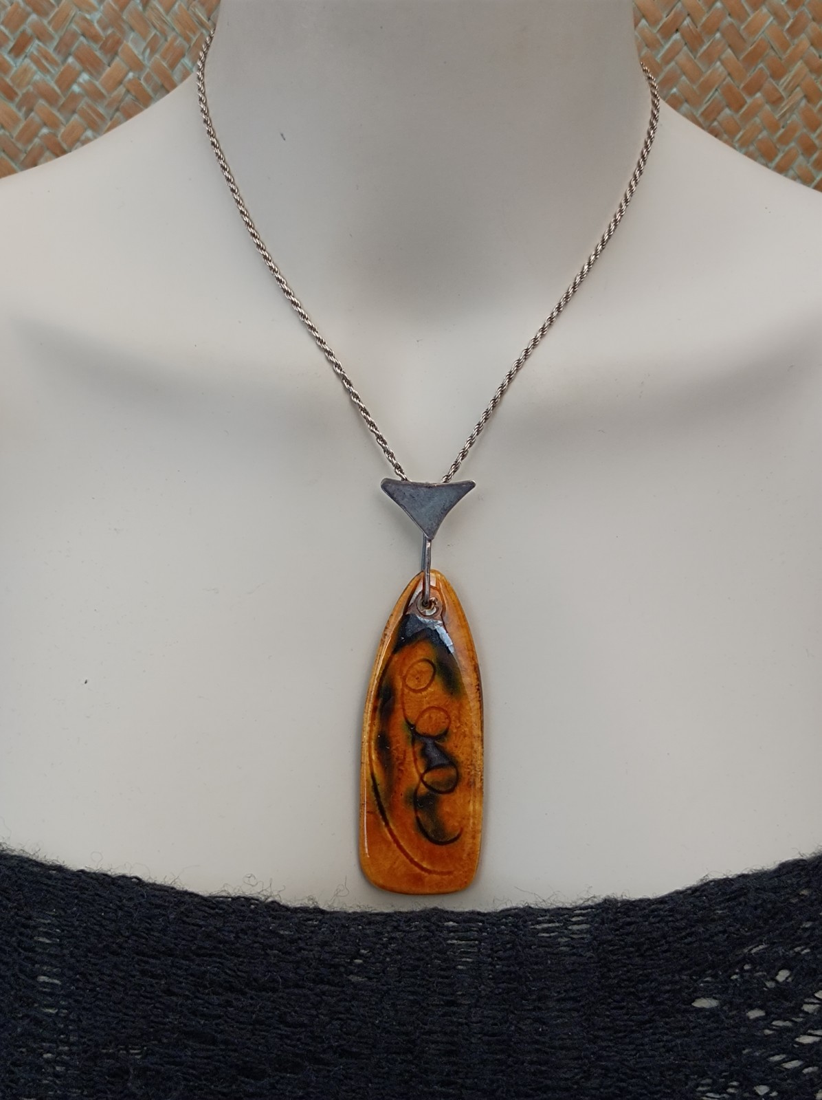 VTG Silver Modernist Israeli Enamel Necklace Abstract 60s 7Os Mustard Yellow 925
