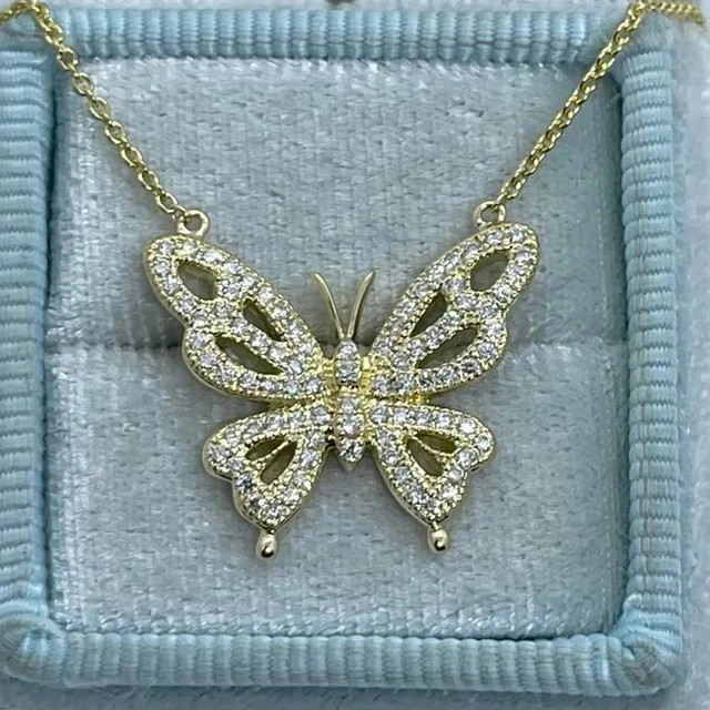 Real Moissanite 2Ct Round Cut Butterfly Pendant 14K Yellow Gold Plated F/Chain