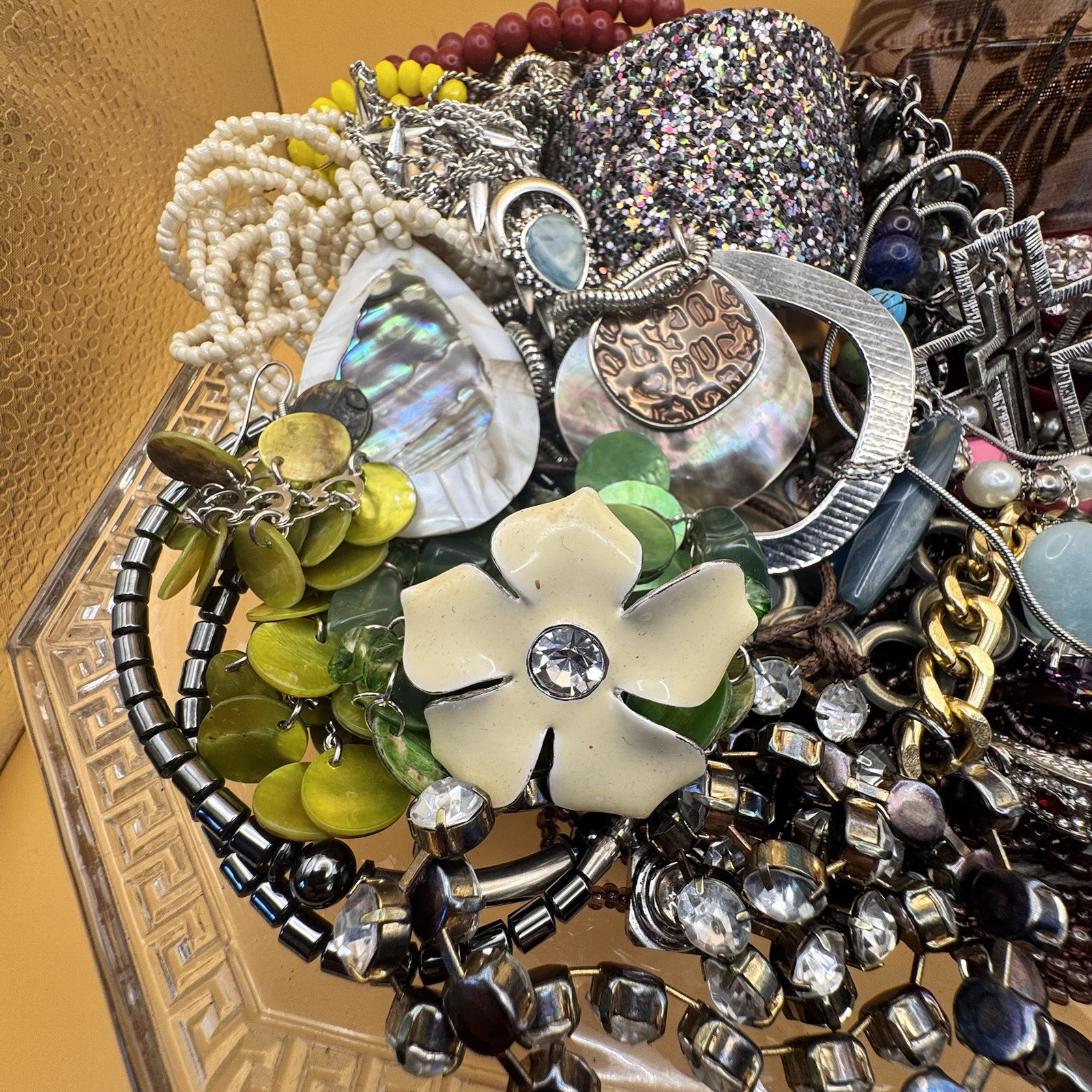 Vintage Y2K Jewellery Bundle 30+ Pieces 1kg+1960s Greek Key Glass Dish